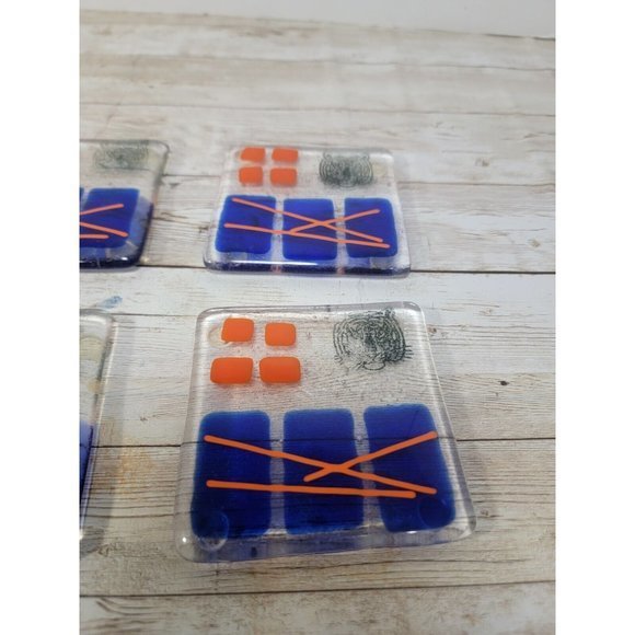 Lot‎ of 7 Art Glass Drink Coasters Orange Blue Geometric Tiger Stamped MCM Pads - Picture 5 of 11